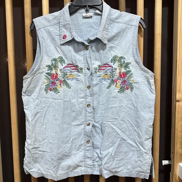 Cabin Creek Shirt Womens Large Blue Embroidered Sleeveless Button Up Floral Top - Picture 1 of 8
